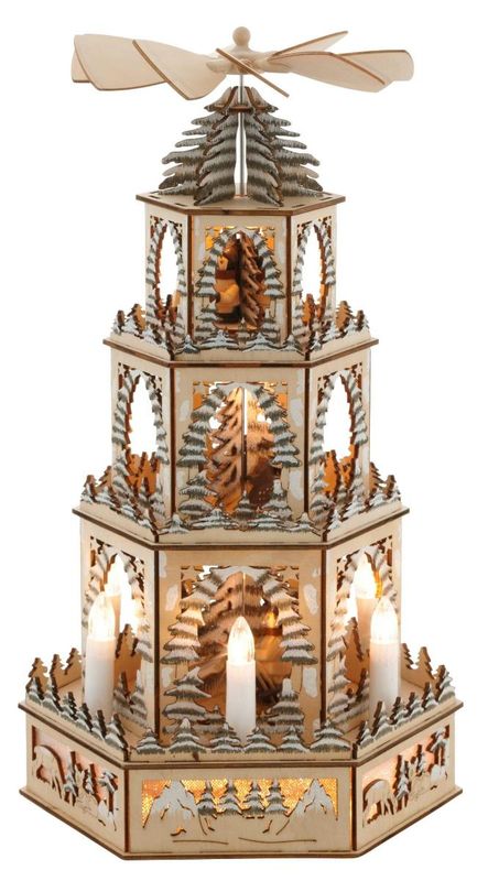 Holzpyramide Weihnachten – LED, Natur &amp; Bewegliche Figuren