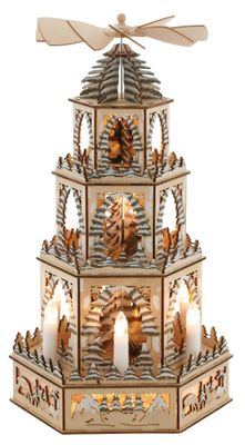 Holzpyramide Weihnachten – LED, Natur &amp; Bewegliche Figuren
