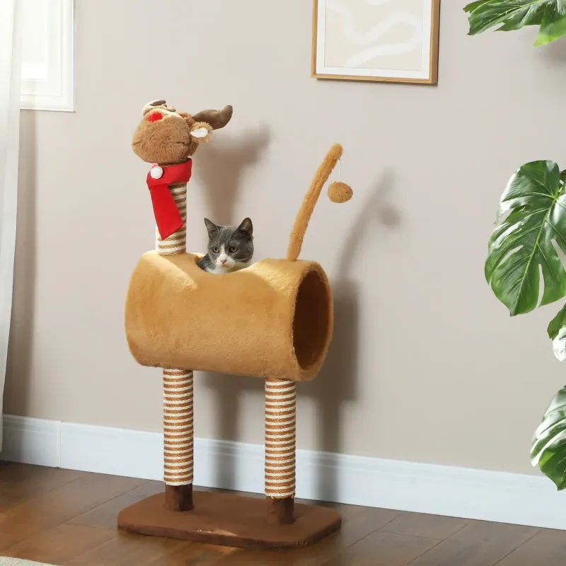 Kratzbaum Rentierdesign Braun – Höhle, Spielball & Jute