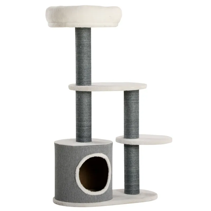 Kratzbaum Weiss/Grau – Katzenhöhle, Bett &amp; 2 Plattformen