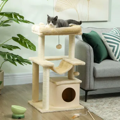 Katzenbaum Creme – Spielzeug, Sitzstange &amp; Hängematte