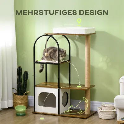 Kratzbaum Braun/Weiss – 4 Etagen, Katzenhaus &amp; Spielball