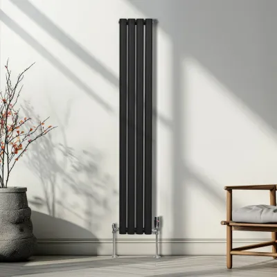 Oval Röhrenheizkörper Schwarz – 1600x240 mm, Chrom Thermostatventile
