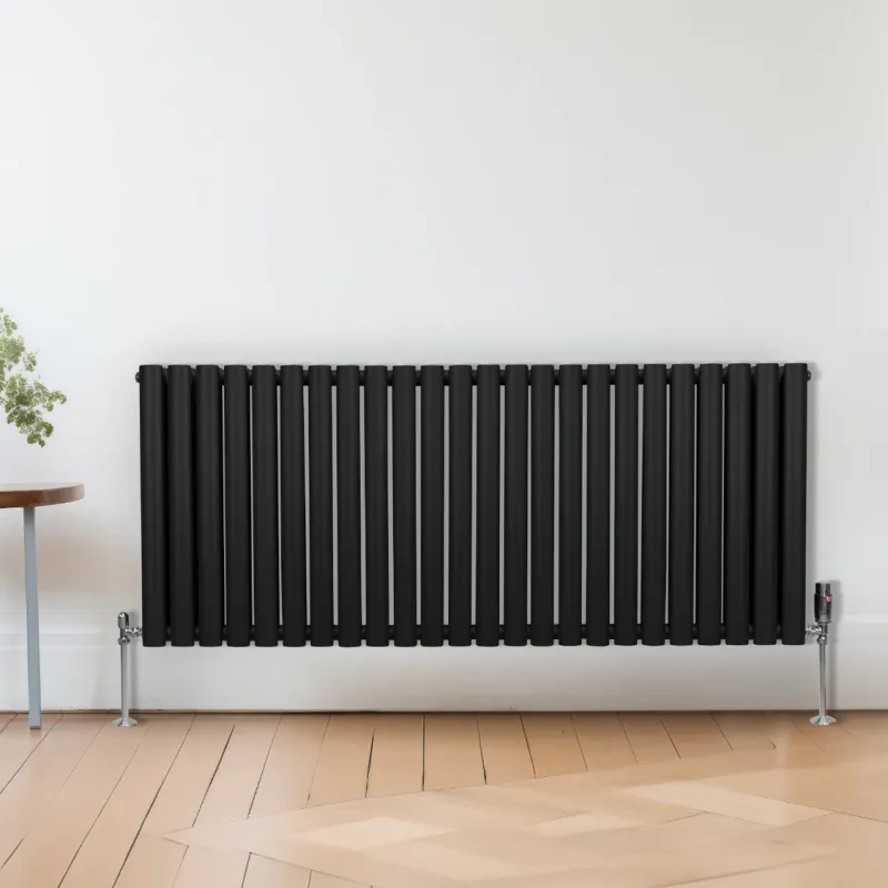 Oval Röhrenheizkörper Schwarz – 600x1440 mm, Chrom Thermostatventile