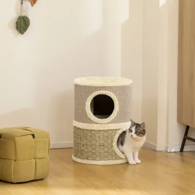 Kratztonne 49 cm – 2 Höhlen, Plüschrand, Sisal, für Katzen < 4 kg