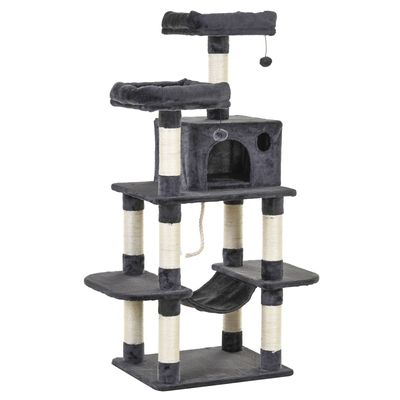 Katzenbaum Luxus 144 cm – Hängematte, Katzenhaus, Kletterbaum, Dunkelgrau