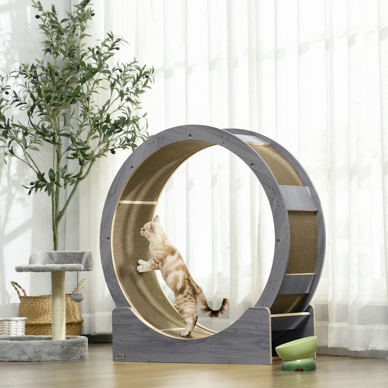 Katzenlaufrad 91 cm – Bremse, Kratzmatte, Walnuss