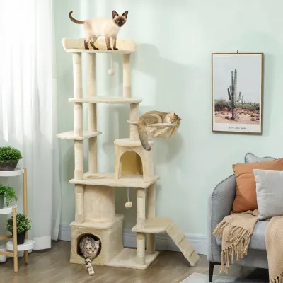 Kratzbaum Gross 170 cm – 7 Pfosten, Tunnel, 3 Plattformen, 2 Höhlen, Hängematte, Beige