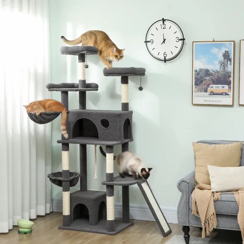 Kratzbaum 174 cm – Spielturm, 3 Liegeplätze, 2 Höhlen, 3 Spielzeuge, Grau