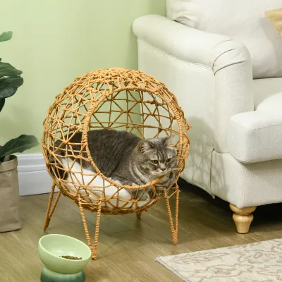 Rattan Katzenkorb – Katzenhöhle, Katzenbett, Kissen, erhöht, Braun