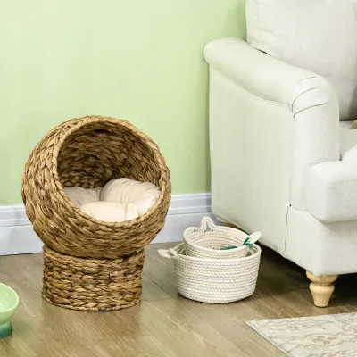 Rattan Katzenkorb – Katzenhöhle, Katzenbett, Kissen, Wasserhyazinthe, Braun