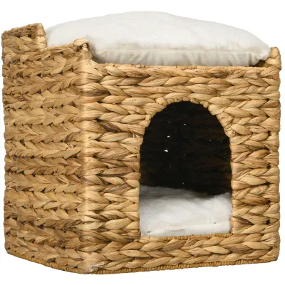 Katzenhöhle Wasserhyazinthen-Gras – 2 Liegeflächen, 2 Kissen, Natur/Weiss