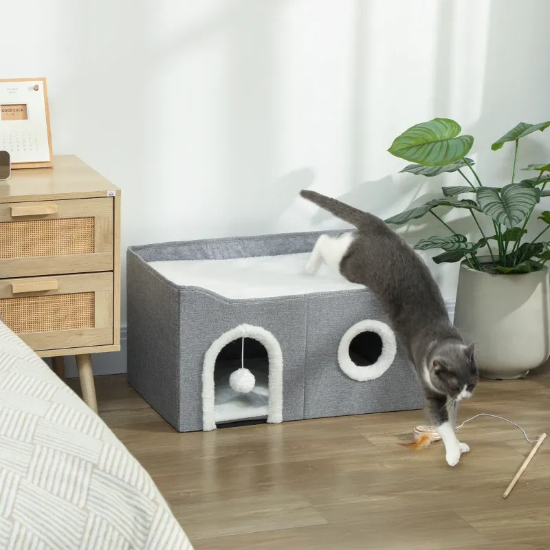 Faltbares Katzenhaus – Kratzbereich, 3 Öffnungen, Hängende Kugel, Grau