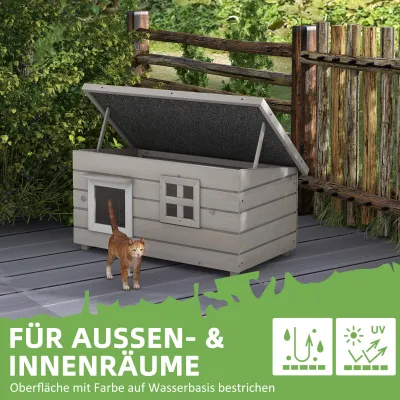 Katzenhaus Holz wasserdicht – Asphaltdach, klappbarer Deckel, Fenster, Grau