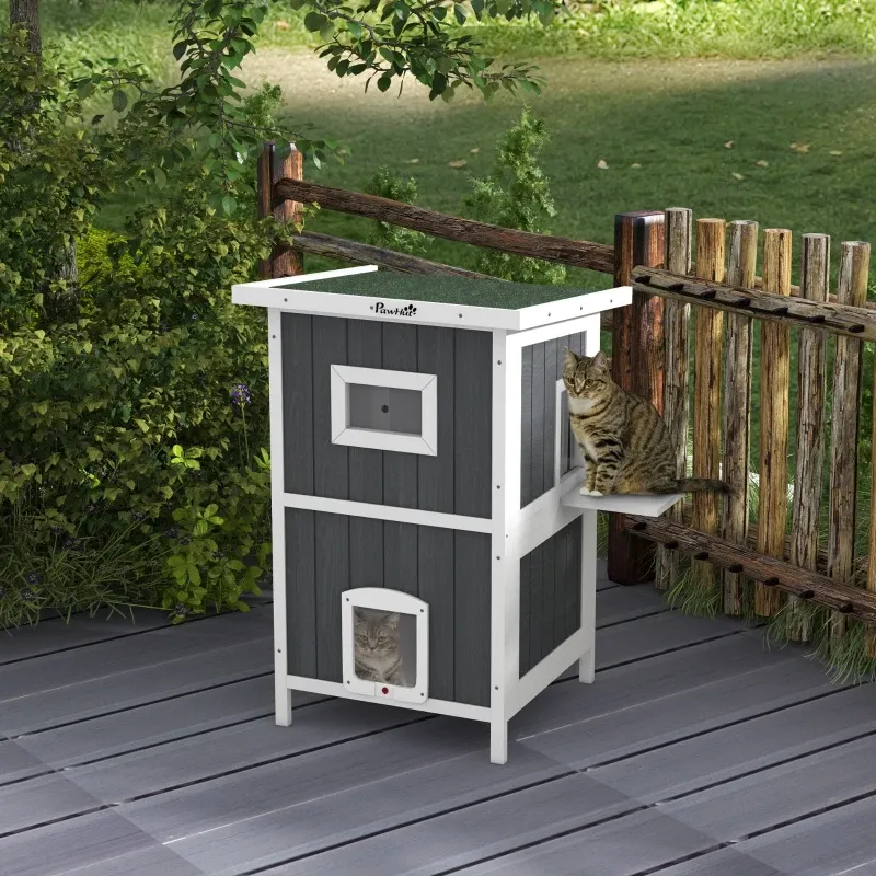Katzenhaus Outdoor – wetterbeständig, Grau/Weiss