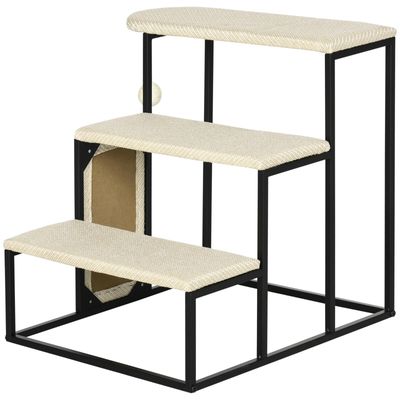 Katzentreppe 3 Stufen – Kratzbrett, Spielball, Stahl, Sisal, Cremeweiss/Schwarz