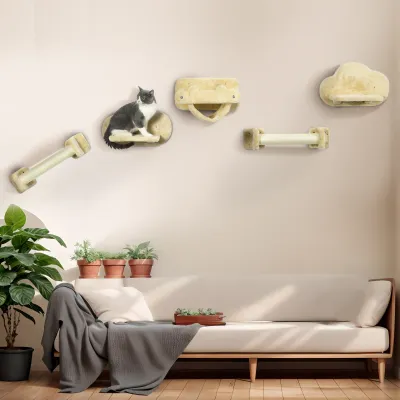 Katzentreppe 5-teilig – 2 Kratzstämme, 2 Plattformen, Hängematte, Beige