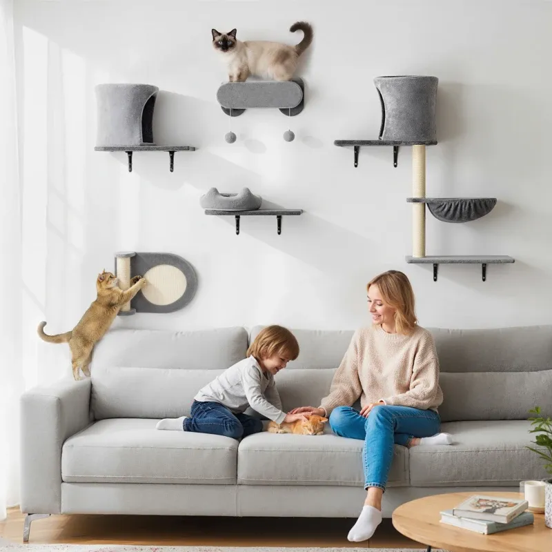 Wand-Katzenregal 5-teilig – 2 Höhlen, Hängematte, Plattformen, Sisal, Grau