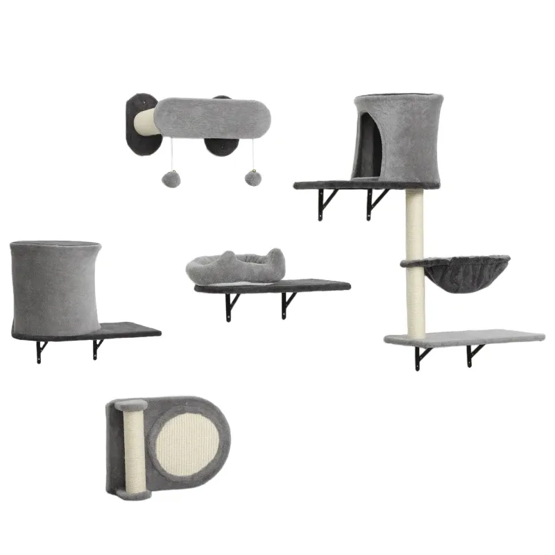 Wand-Katzenregal 5-teilig – 2 Höhlen, Hängematte, Plattformen, Sisal, Grau