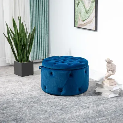 Hocker, rund, mit Staufach, Steppdesign mit Knöpfen, blau, 60 x 60 x 40cm
