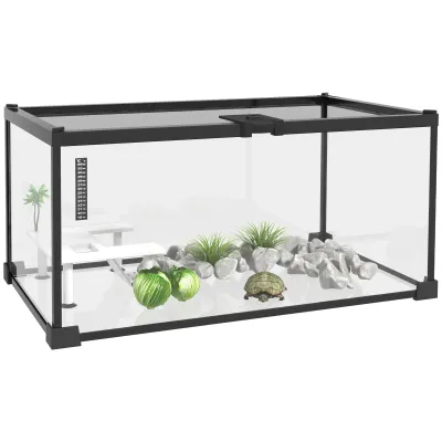 Starter-Set Glas-Terrarium 50L x 30B x 25H cm transparenter Deckel Schiebegitter Schwarz