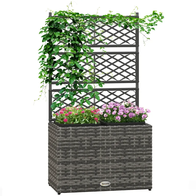 Rattan-Hochbeet mit Rankgitter 3 Pflanzbehälter, 57 x 30 x 107 cm Grau Rattan-Hochbeet mit Rankgitter 3 Pflanzbehälter, 57 x 30 x 107 cm Grau