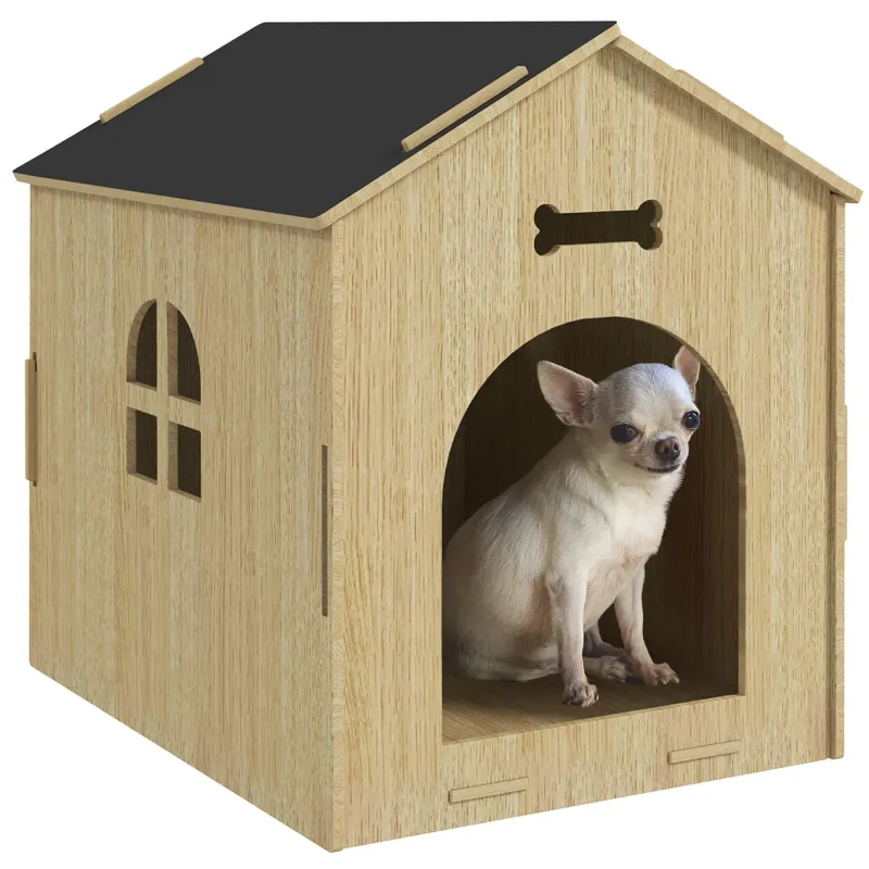 Hundehütte Holz – mit Knochenmotiv, Fenster, 44x57x58cm, Eiche