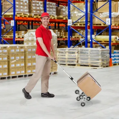 Klappbarer Sackkarre mit Treppensteiger und 6 Rädern, inkl. Befestigungsgurt, automatische Klappfunktion, Silber + Schwarz