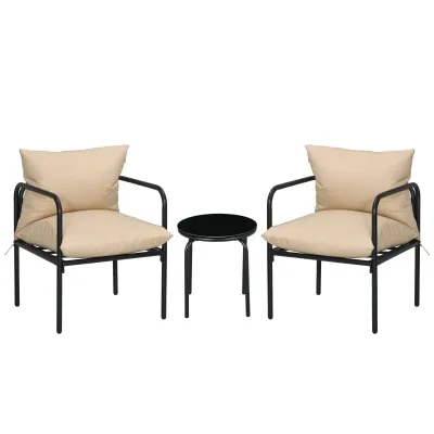 Balkon-Set Sitzgruppe, 3-teilig, 2 Stühle, Tisch mit Glasplatte, Sitzkissen, Metallgestell, Beige