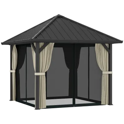 3 x 3 m Luxus-Hartdach-Pavillon, Gartenpavillon mit galvanisiertem Metalldach, Wasserdichtes Gartenzelt mit Netz und Seitenwänden, Dunkelgrau