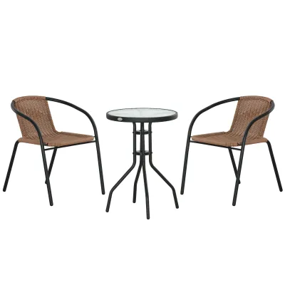 3-teiliges Rattan-Gartenmöbelset Bistromöbelset 2 Sessel + 1 Couchtisch mit gehärteter Glasplatte