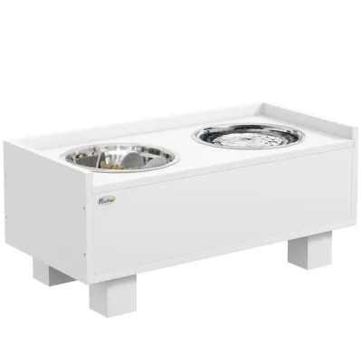 Erhöhte Fütterungsstation – Slow-Feeder-Matte, 2 Aluminiumschüsseln, Weiss