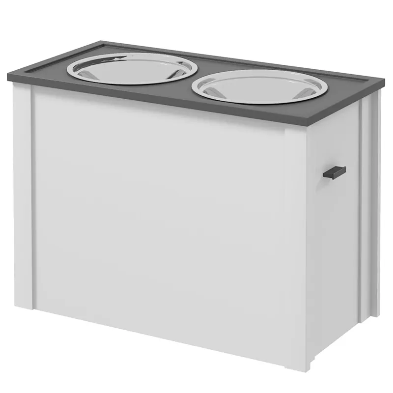 Futterstation erhöht – 1 Stauraum, 2 Edelstahlnäpfe, Weiss/Grau