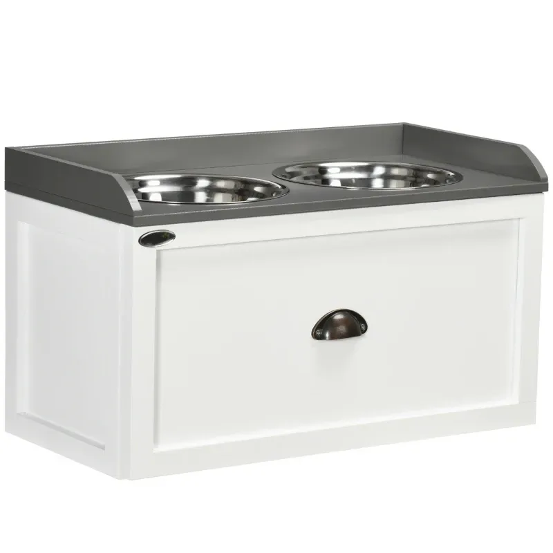 Futterstation – 2 Fressnäpfe, 2L, Schublade, grosse Hunde, Weiss/Grau