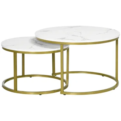2er Set Beistelltisch Satztisch, Ø74 &amp; Ø59 cm, Marmoroptik, Rahmen in Gold