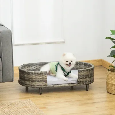 Hundebett inkl. Kissen für kleine Hunde Rattan Braun + Grau