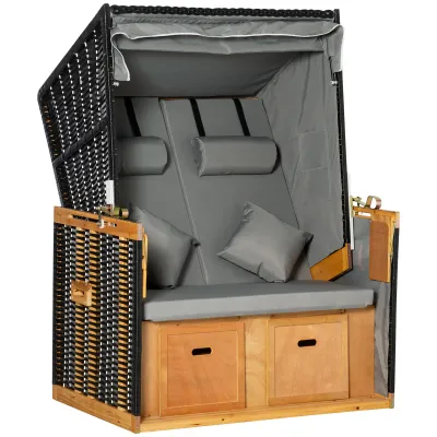 Strandkorb für 2 Personen, inkl. Kissen, Nackenrolle und Fussstützen, wetterbeständig, hellgrau