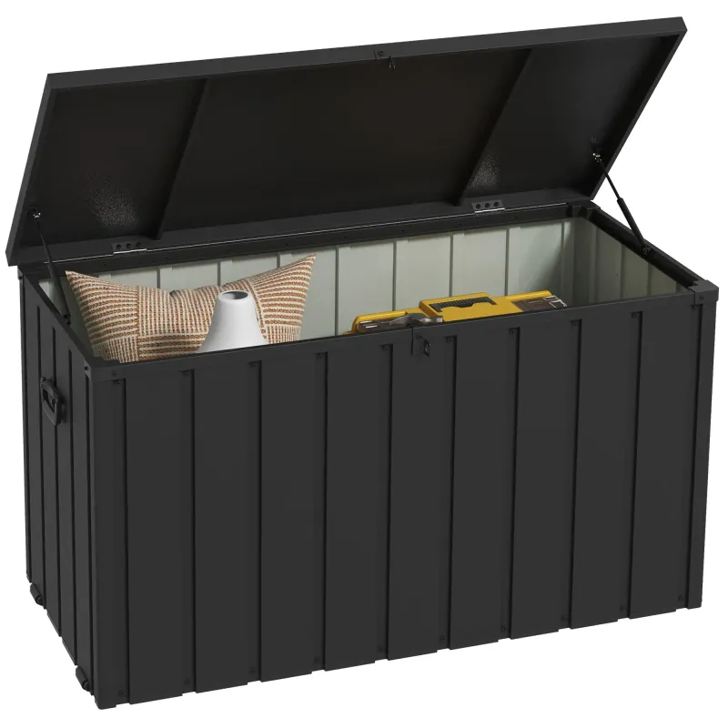 Aufbewahrungsbox aus Metall, Gartentruhe, 2 Räder, 125x61x70 cm, Dunkelgrau Aufbewahrungsbox aus Metall, Gartentruhe, 2 Räder, 125x61x70 cm, Dunkelgrau