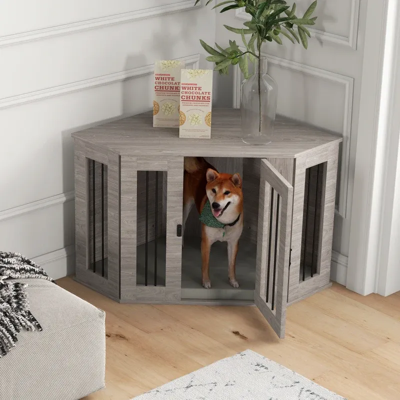 Eck-Hundebox (104x55x63cm) – Verriegelung, Liegekissen, Braun