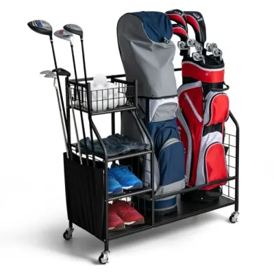 Golftaschenständer für Zuhause / Organizer-Wagen für Golfausrüstung Golftaschenregal mit Schlägerhalter