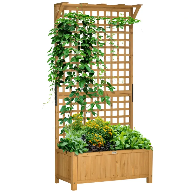 Hochbeet mit Spalier und Dach, Pflanzkasten, Blumenbeet, wetterfest, Holz, 90 x 45 x 183 cm, Hellbraun