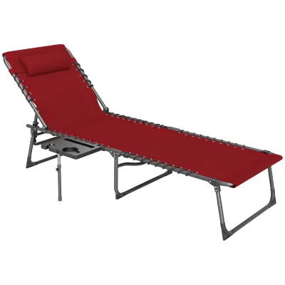 Sonnenliege klappbar verstellbare Rückenlehne auf 5 Ebenen, Tablett, Kopfkissen, Seitentasche 60x190x31cm, Rot