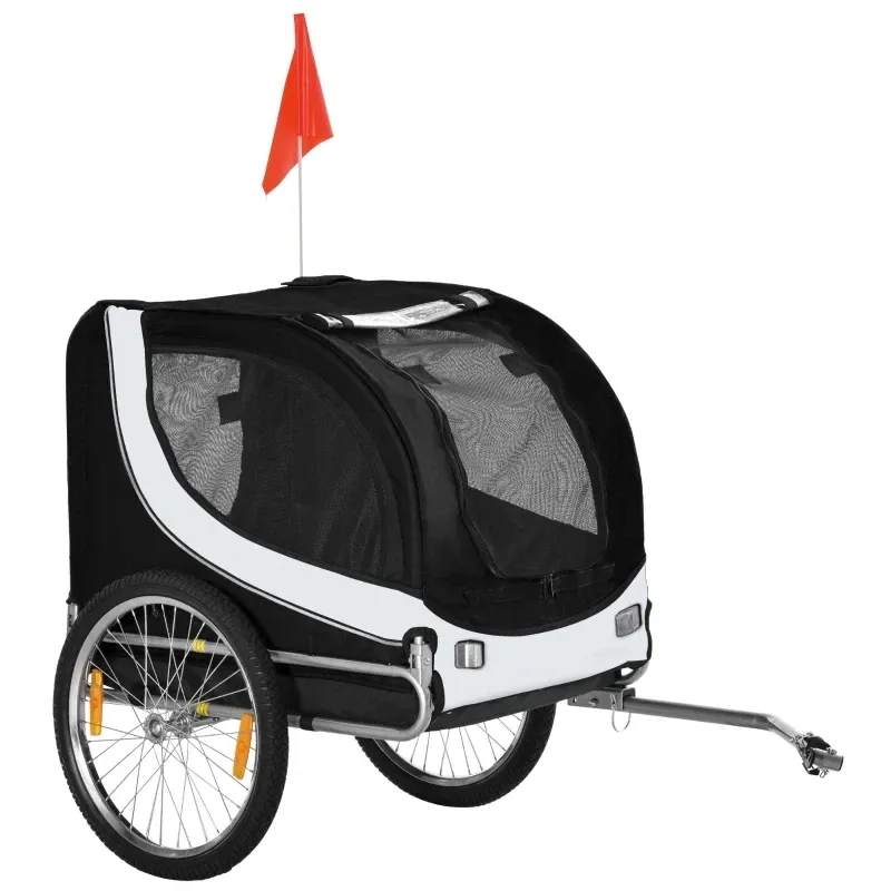 Fahrradanhänger für Hunde | Velo-Anhänger bis 20 kg, weiss+schwarz, Netzfenster, aufrollbare Abdeckung, Universalkupplung, 130 x 73 x 90 cm