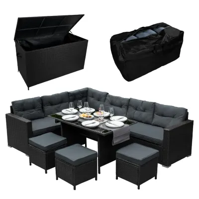 Rattan Eckgarnitur Set mit 582L Kissenbox – Schwarz | 9‑Sitzer, Glastisch