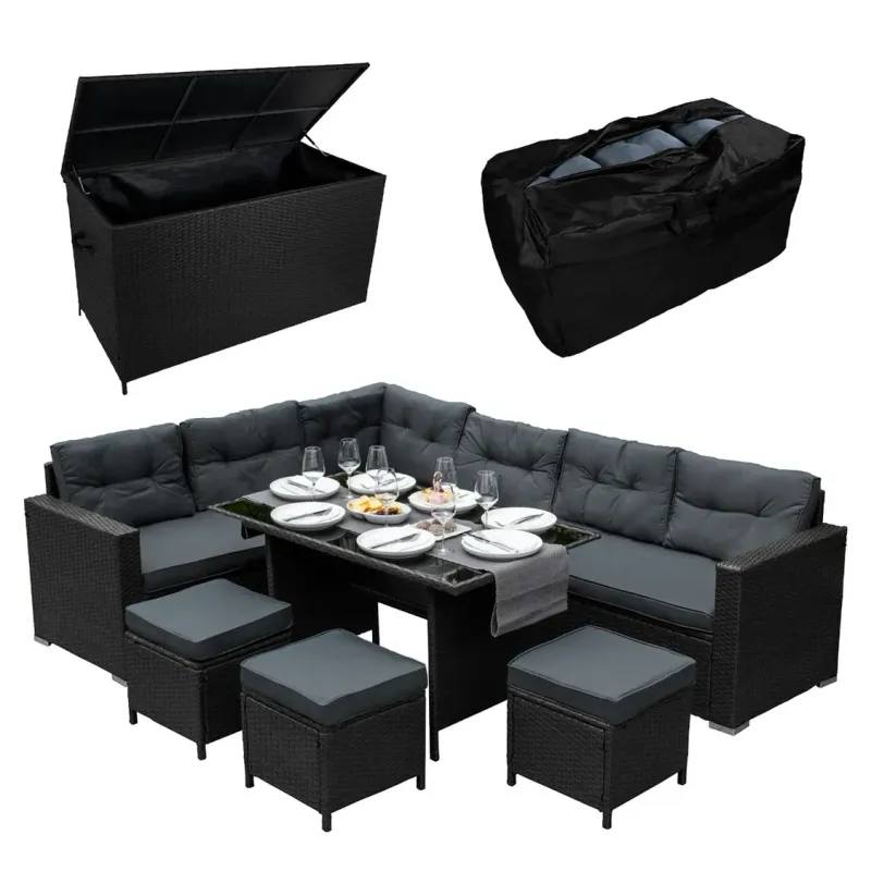 Rattan Eckgarnitur Set mit 582L Kissenbox – Schwarz | 9‑Sitzer, Glastisch