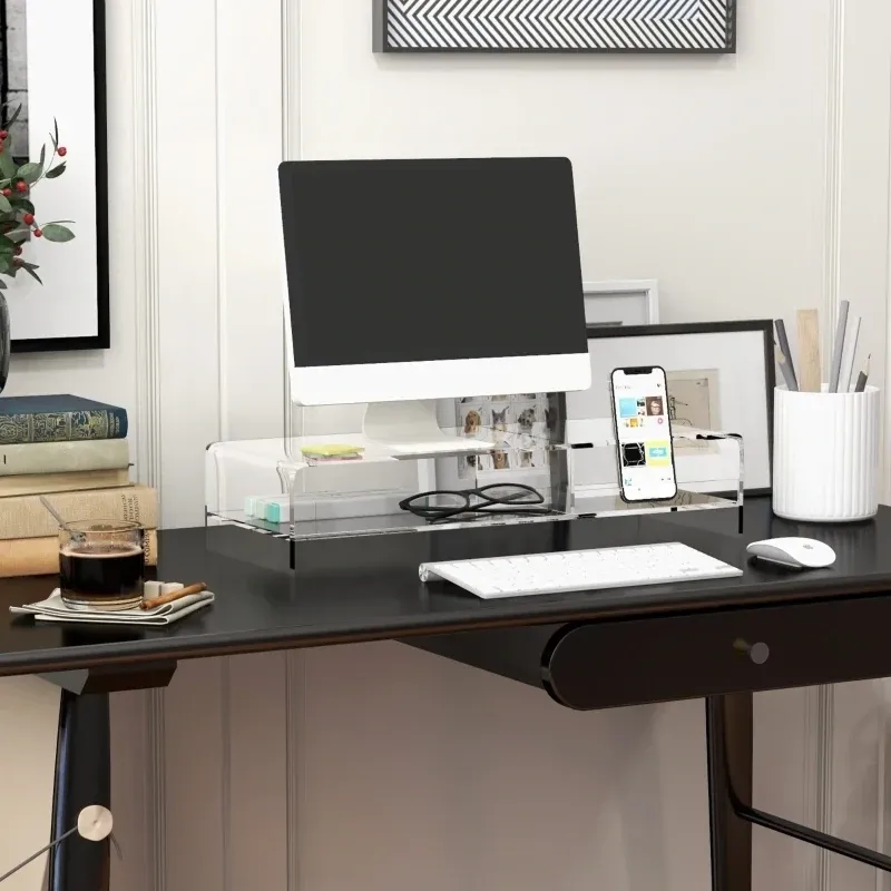 Monitorständer mit Tastaturfach, transparent, für Monitore bis 24 Zoll, 2 Etagen, Acryl