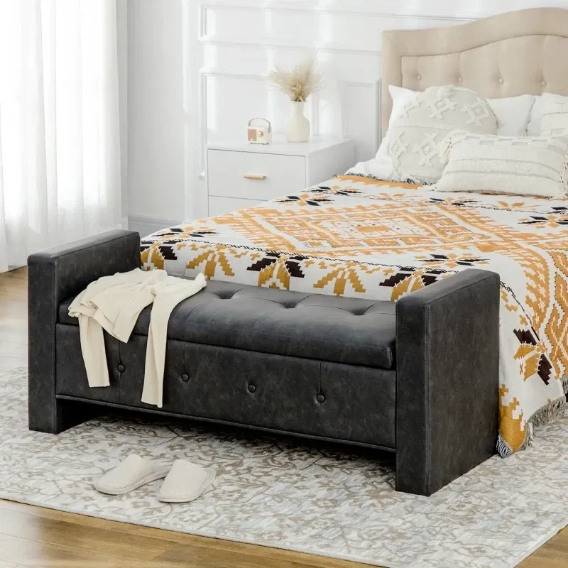 Sitzbank mit Stauraum, eleganter Kunstlederbezug, Soft-Close-Scharniere, dunkelgrau,