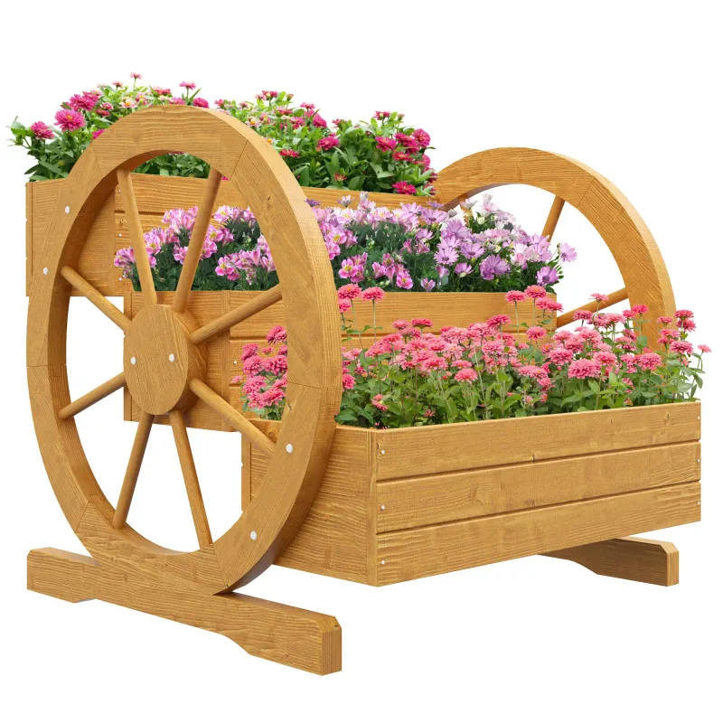 Hochbeet, Blumenkasten, 3 Etagen, Wagenrad-Dekor, Naturholz, 62 x 61 x 57 cm Hochbeet, Blumenkasten, 3 Etagen, Wagenrad-Dekor, Naturholz, 62 x 61 x 57 cm