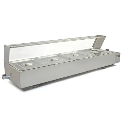 Edelstahl Gastro 4 GN Bain Marie – 1.5kW, 30–85°C, Glasschutz, 120x35x35.7cm
