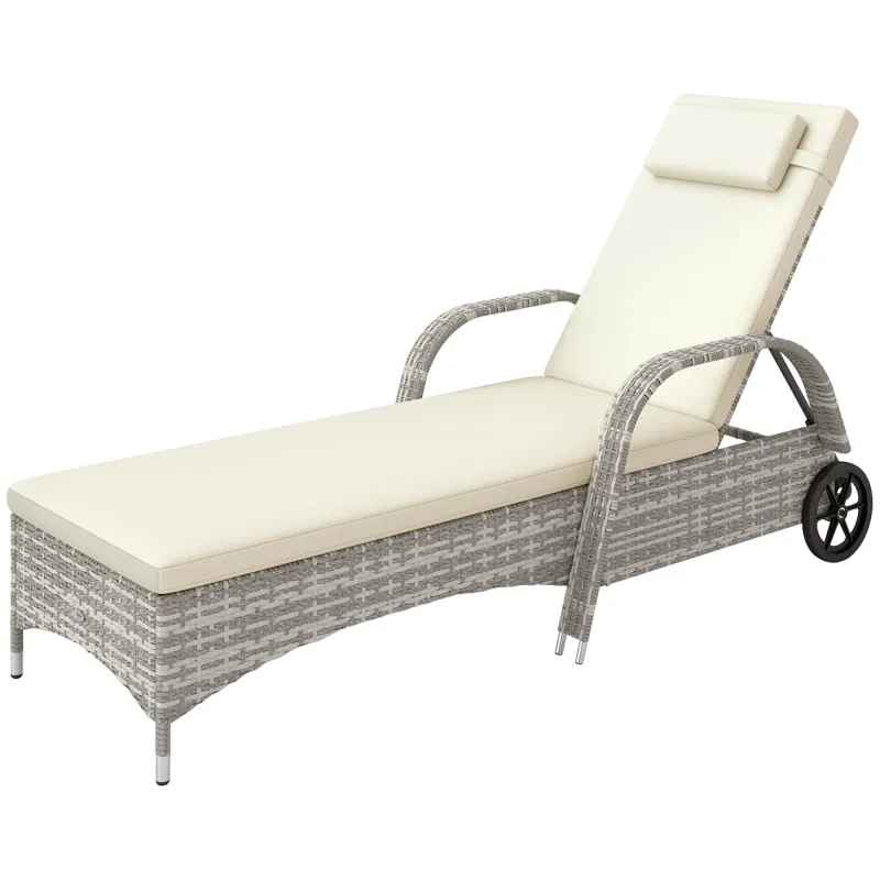 Mobile Rattan-Gartenliege Sonnenliege mit Kissen, Hellgrau